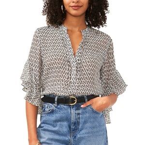 Vince Camuto Geometric Print Ruffle Sleeve V-Neck Blouse Black White S NWT